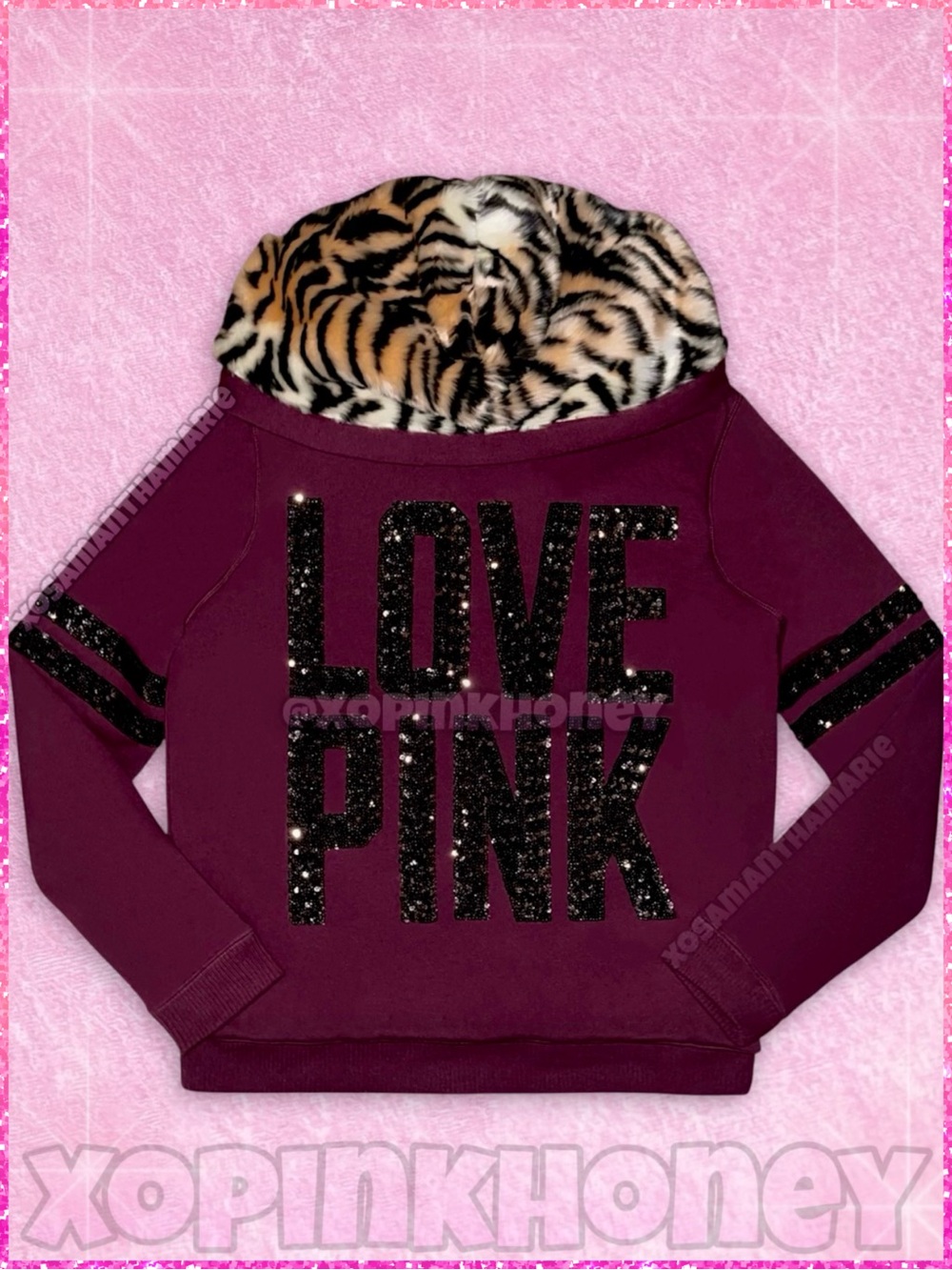 VS PINK Rare Y2K Vtg Sequin Bling Tiger Print Faux Fur Hoodie Jacket